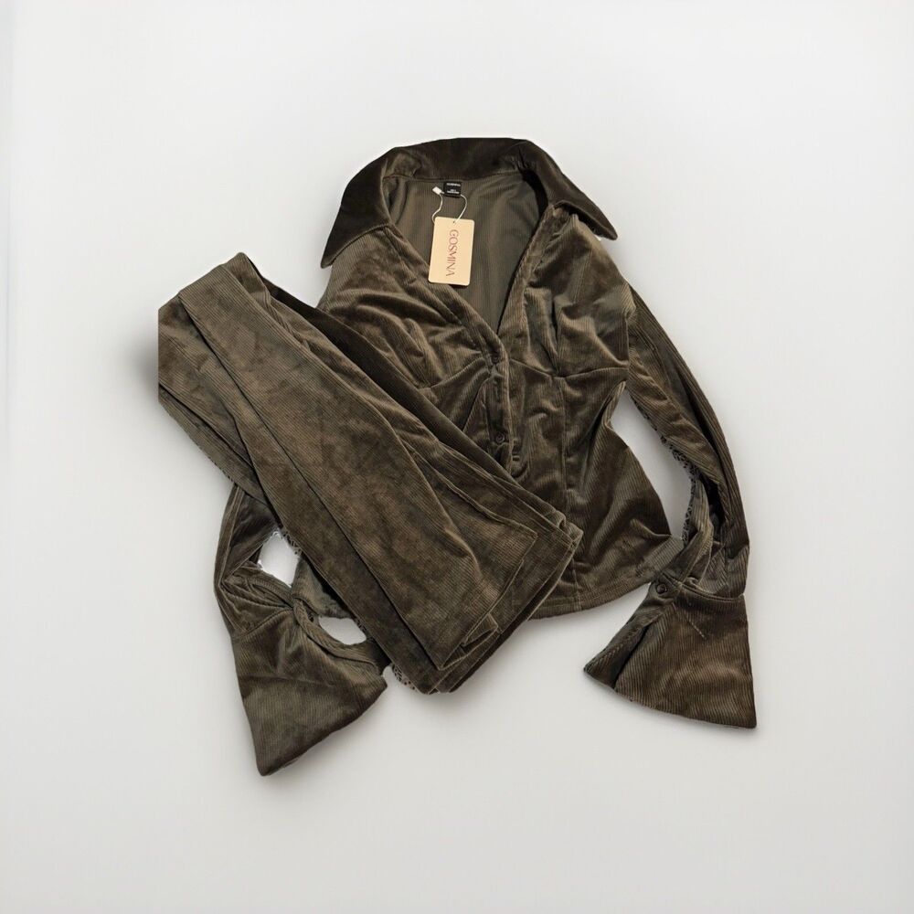 NWT Cosmina Velvet 2 Piece Set Womens Small Brown Flare Pants Lounge Outfit